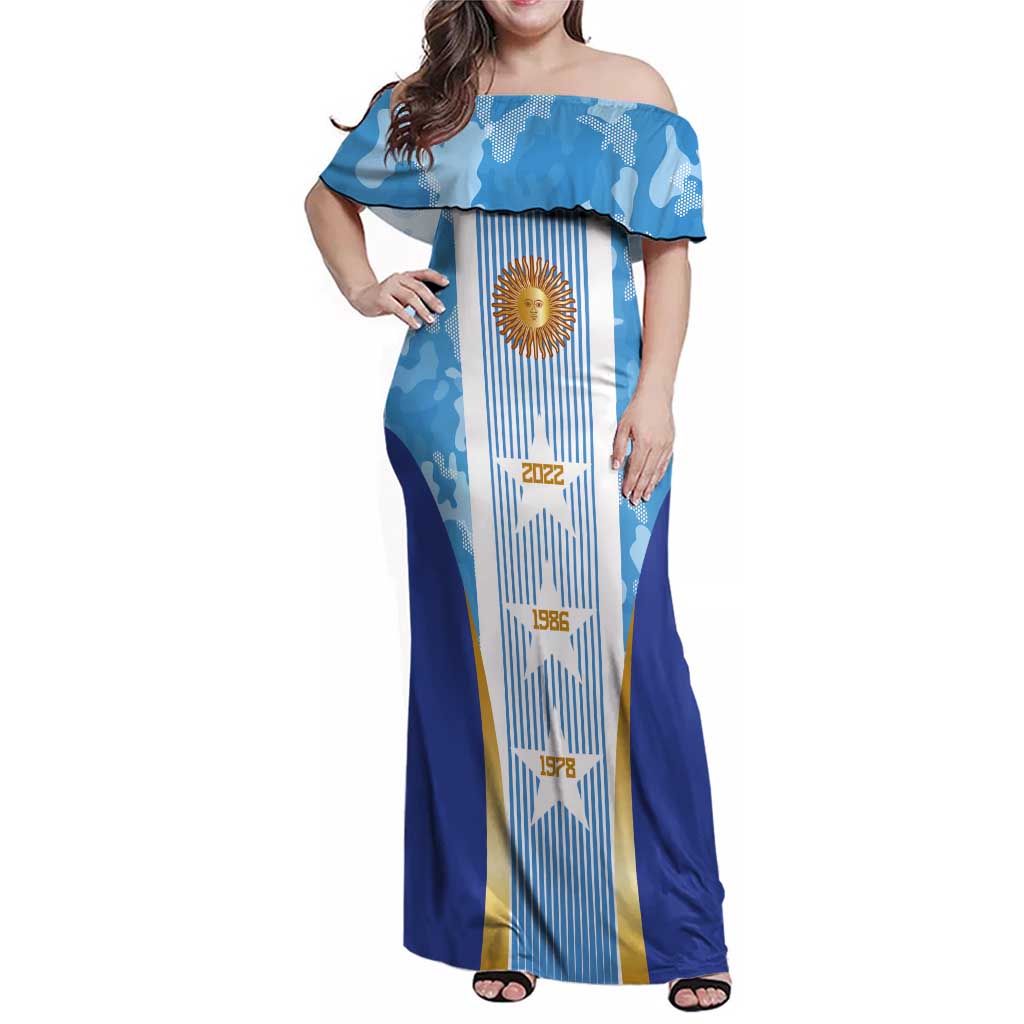 Custom Argentina Football Family Matching Off Shoulder Maxi Dress and Hawaiian Shirt La Albiceleste Three Times The Best in The World