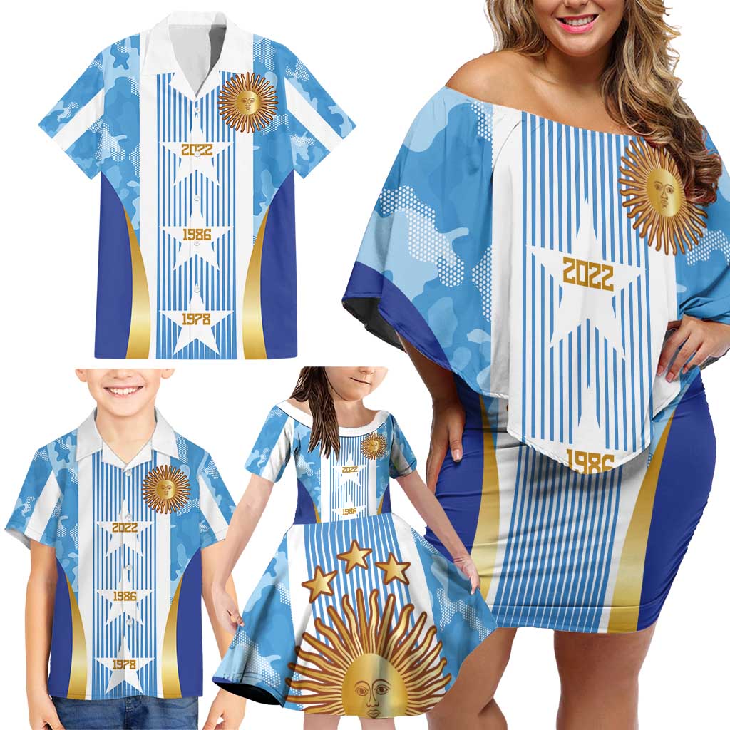 Custom Argentina Football Family Matching Off Shoulder Short Dress and Hawaiian Shirt La Albiceleste Three Times The Best in The World
