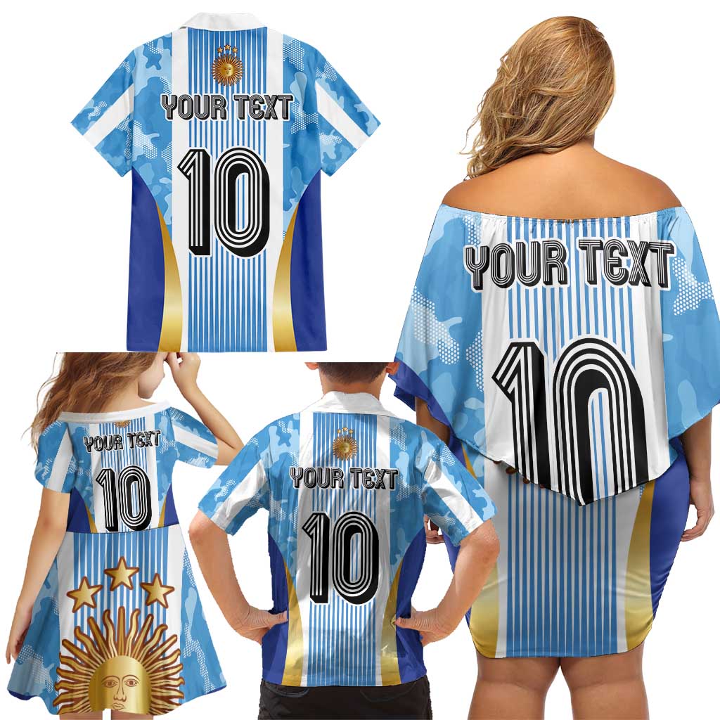 Custom Argentina Football Family Matching Off Shoulder Short Dress and Hawaiian Shirt La Albiceleste Three Times The Best in The World