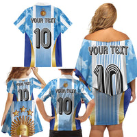 Custom Argentina Football Family Matching Off Shoulder Short Dress and Hawaiian Shirt La Albiceleste Three Times The Best in The World
