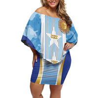 Custom Argentina Football Family Matching Off Shoulder Short Dress and Hawaiian Shirt La Albiceleste Three Times The Best in The World