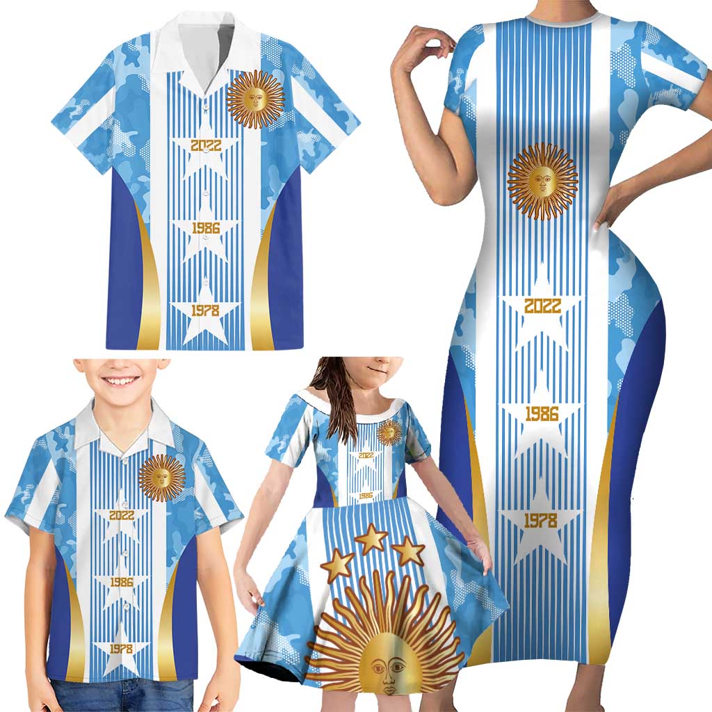 Custom Argentina Football Family Matching Short Sleeve Bodycon Dress and Hawaiian Shirt La Albiceleste Three Times The Best in The World