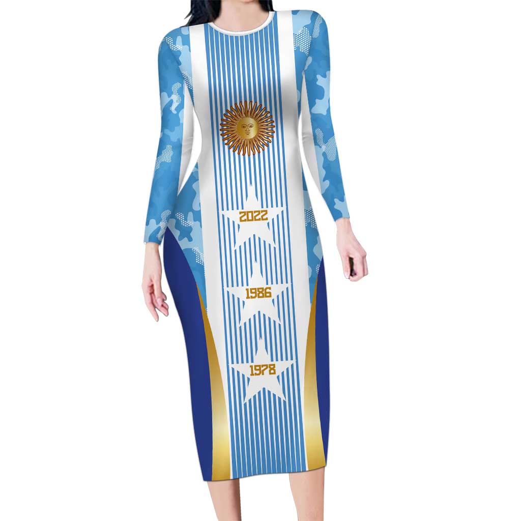 Custom Argentina Football Long Sleeve Bodycon Dress La Albiceleste Three Times The Best in The World