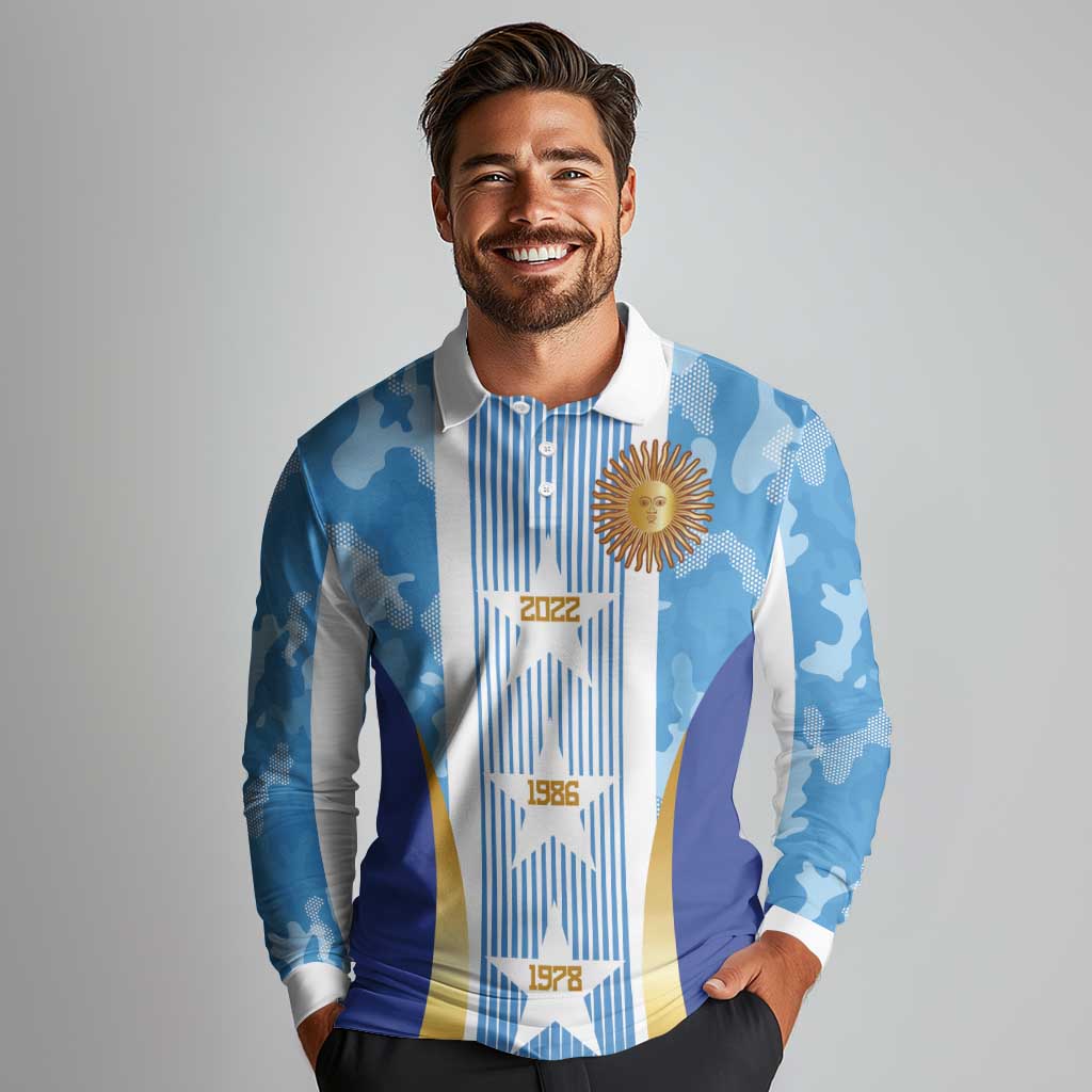 Custom Argentina Football Long Sleeve Polo Shirt La Albiceleste Three Times The Best in The World
