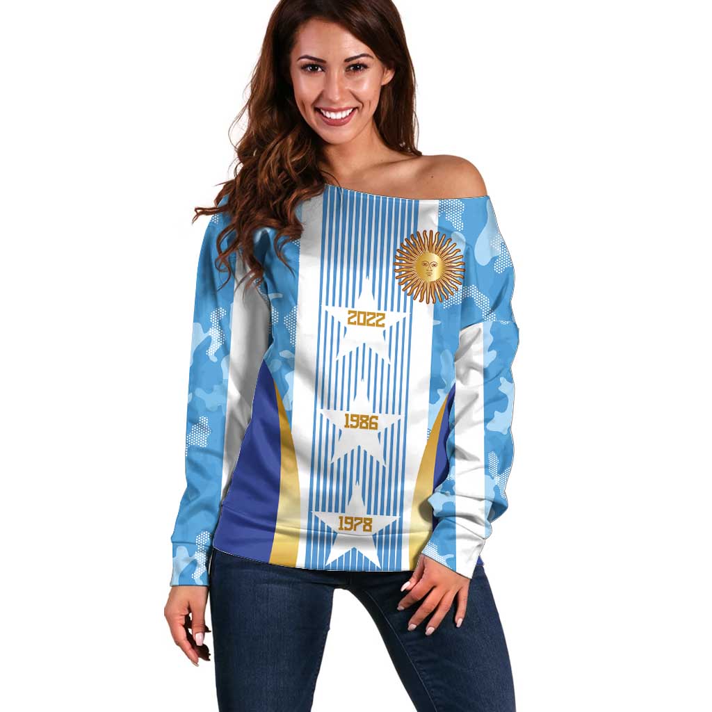 Custom Argentina Football Off Shoulder Sweater La Albiceleste Three Times The Best in The World
