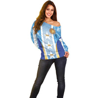 Custom Argentina Football Off Shoulder Sweater La Albiceleste Three Times The Best in The World