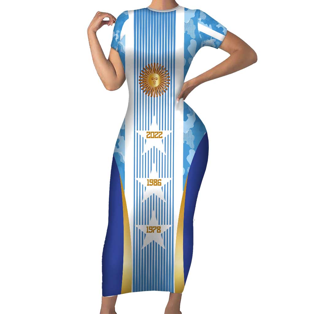 Custom Argentina Football Short Sleeve Bodycon Dress La Albiceleste Three Times The Best in The World