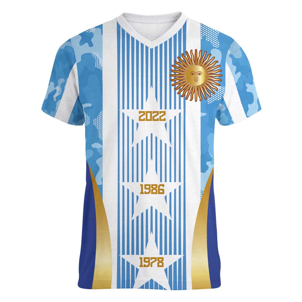 Custom Argentina Football Women V-Neck T-Shirt La Albiceleste Three Times The Best in The World