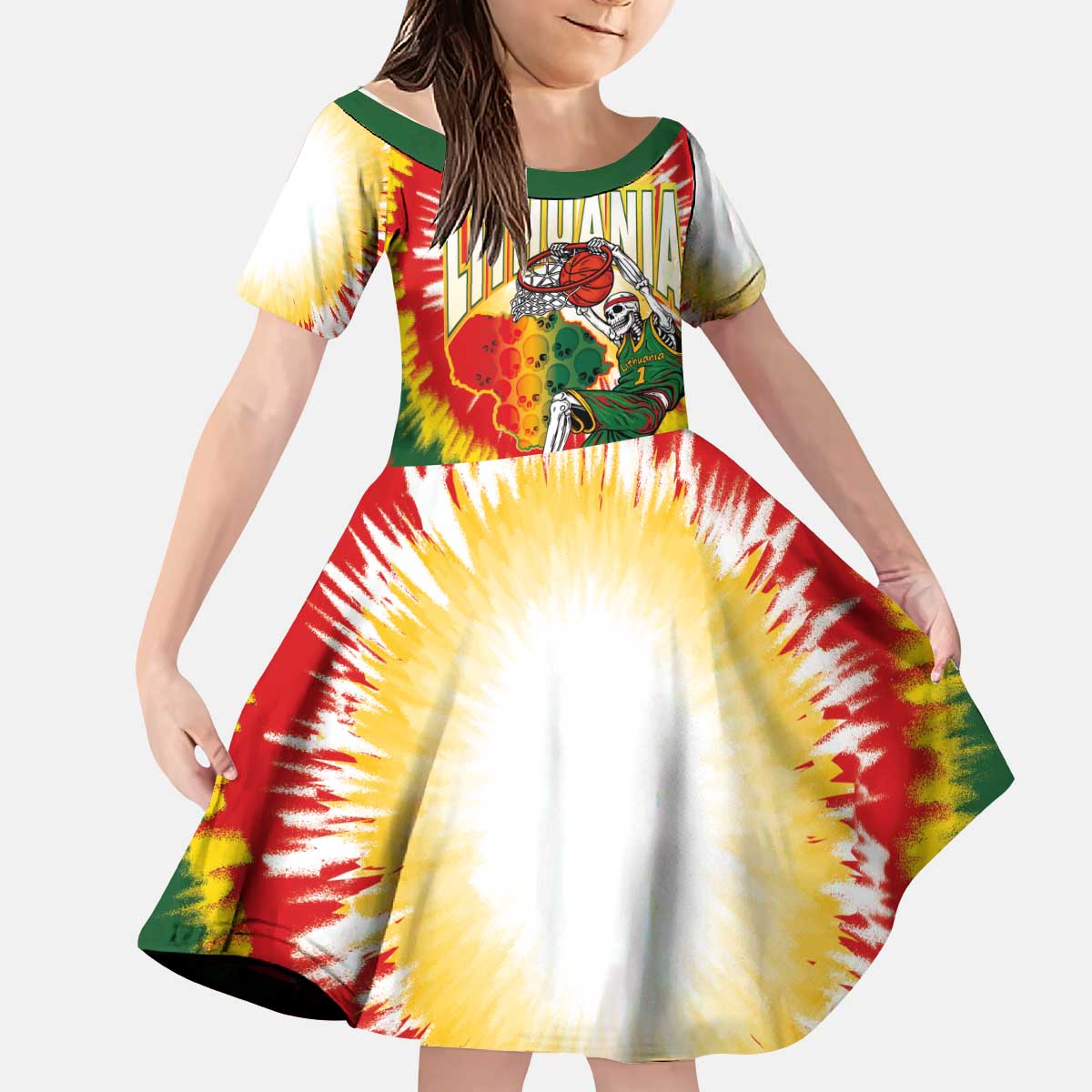 Custom Lithuania-Skeleton Power Dunk Kid Short Sleeve Dress Tie Dye Style