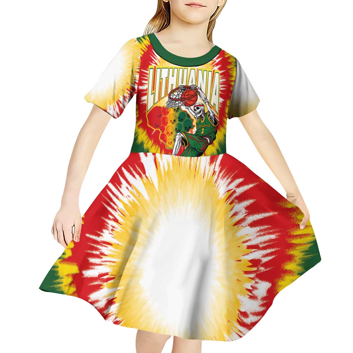 Custom Lithuania-Skeleton Power Dunk Kid Short Sleeve Dress Tie Dye Style