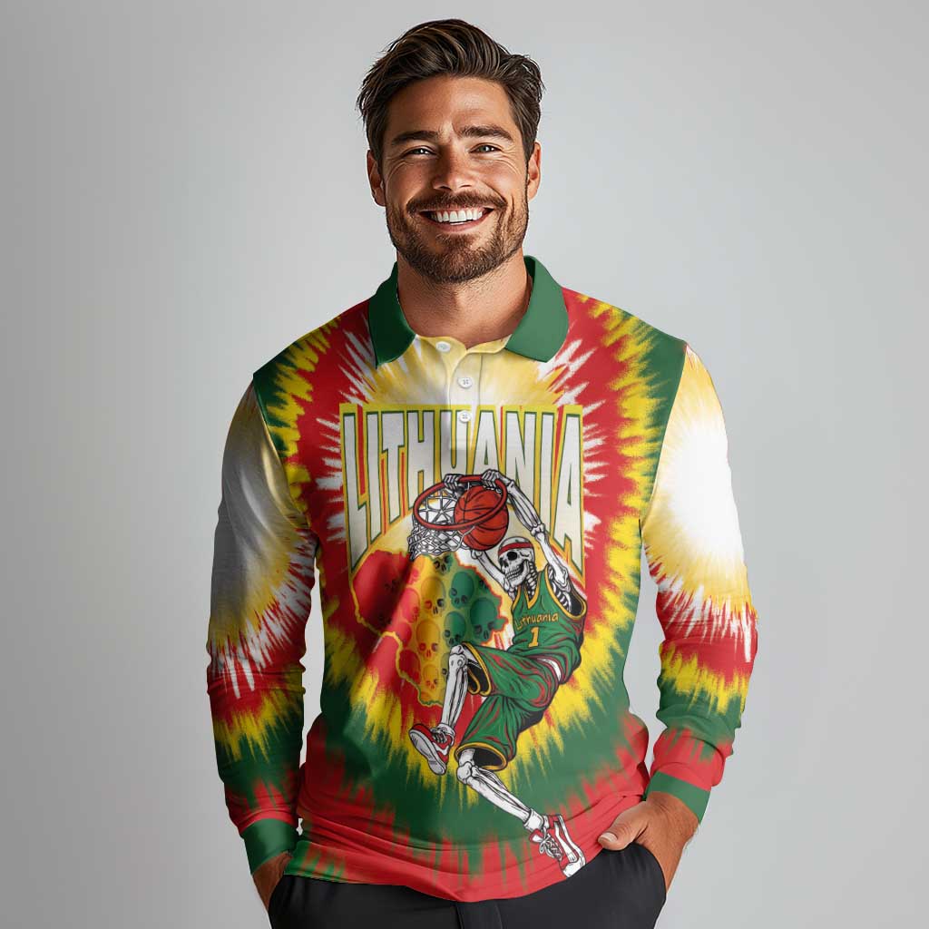 Custom Lithuania-Skeleton Power Dunk Long Sleeve Polo Shirt Tie Dye Style