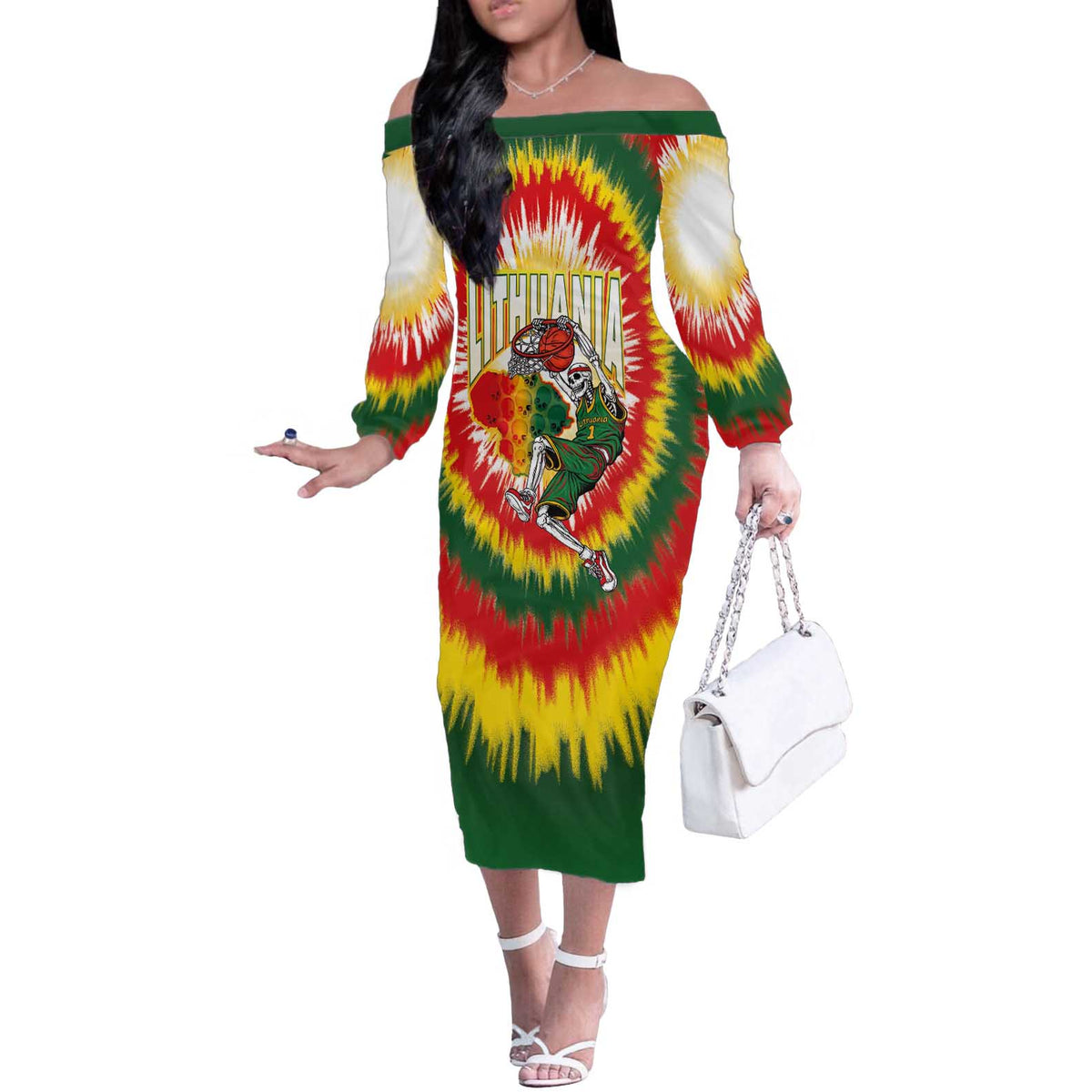 Custom Lithuania-Skeleton Power Dunk Off The Shoulder Long Sleeve Dress Tie Dye Style