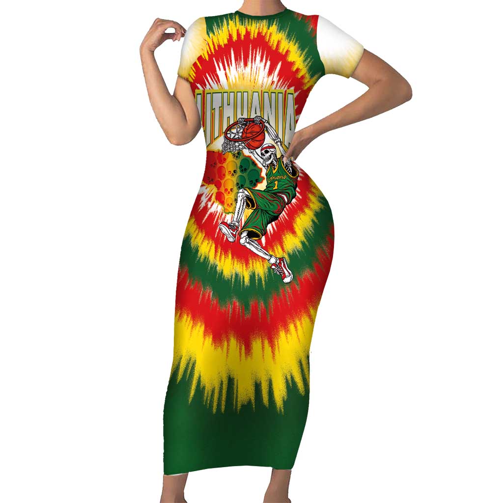 Custom Lithuania-Skeleton Power Dunk Short Sleeve Bodycon Dress Tie Dye Style