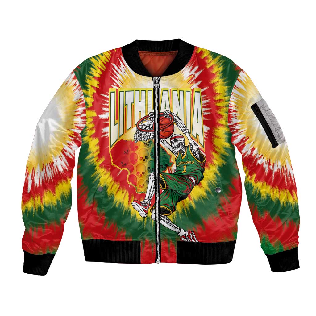 Custom Lithuania-Skeleton Power Dunk Sleeve Zip Bomber Jacket Tie Dye Style