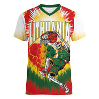 Custom Lithuania-Skeleton Power Dunk Women V-Neck T-Shirt Tie Dye Style