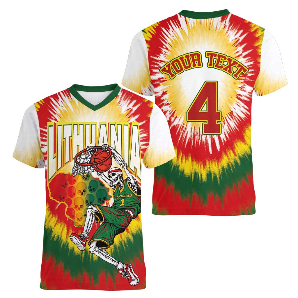 Custom Lithuania-Skeleton Power Dunk Women V-Neck T-Shirt Tie Dye Style