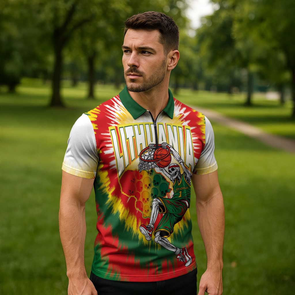 Custom Lithuania-Skeleton Power Dunk Zipper Polo Shirt Tie Dye Style