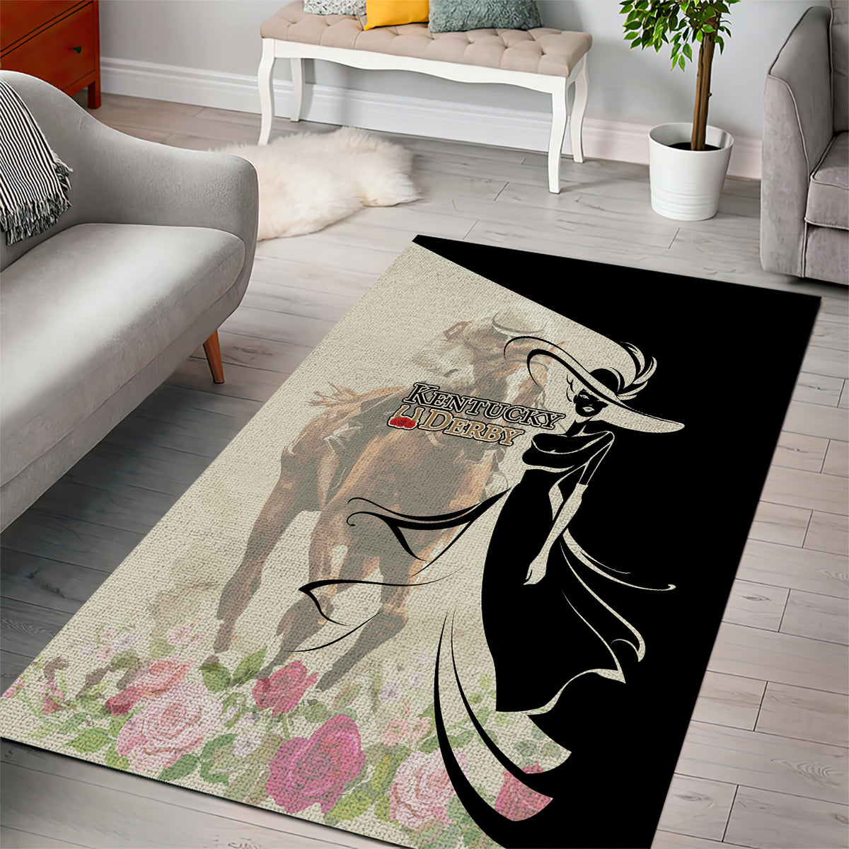 Kentucky Racing Horses Derby Hat Girl Area Rug Beige Color - Wonder Print Shop