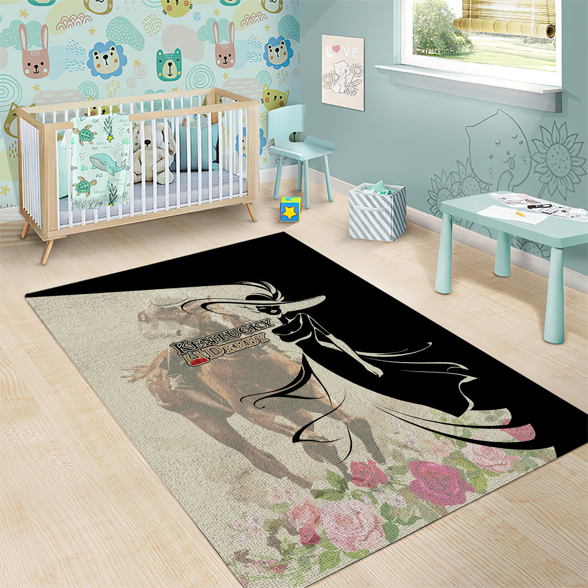 Kentucky Racing Horses Derby Hat Girl Area Rug Beige Color - Wonder Print Shop