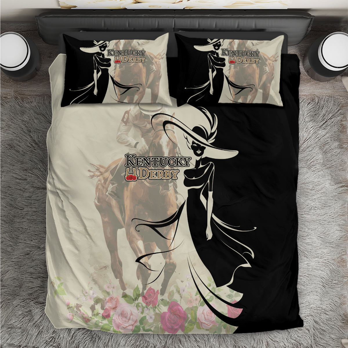 Kentucky Racing Horses Derby Hat Girl Bedding Set Beige Color - Wonder Print Shop