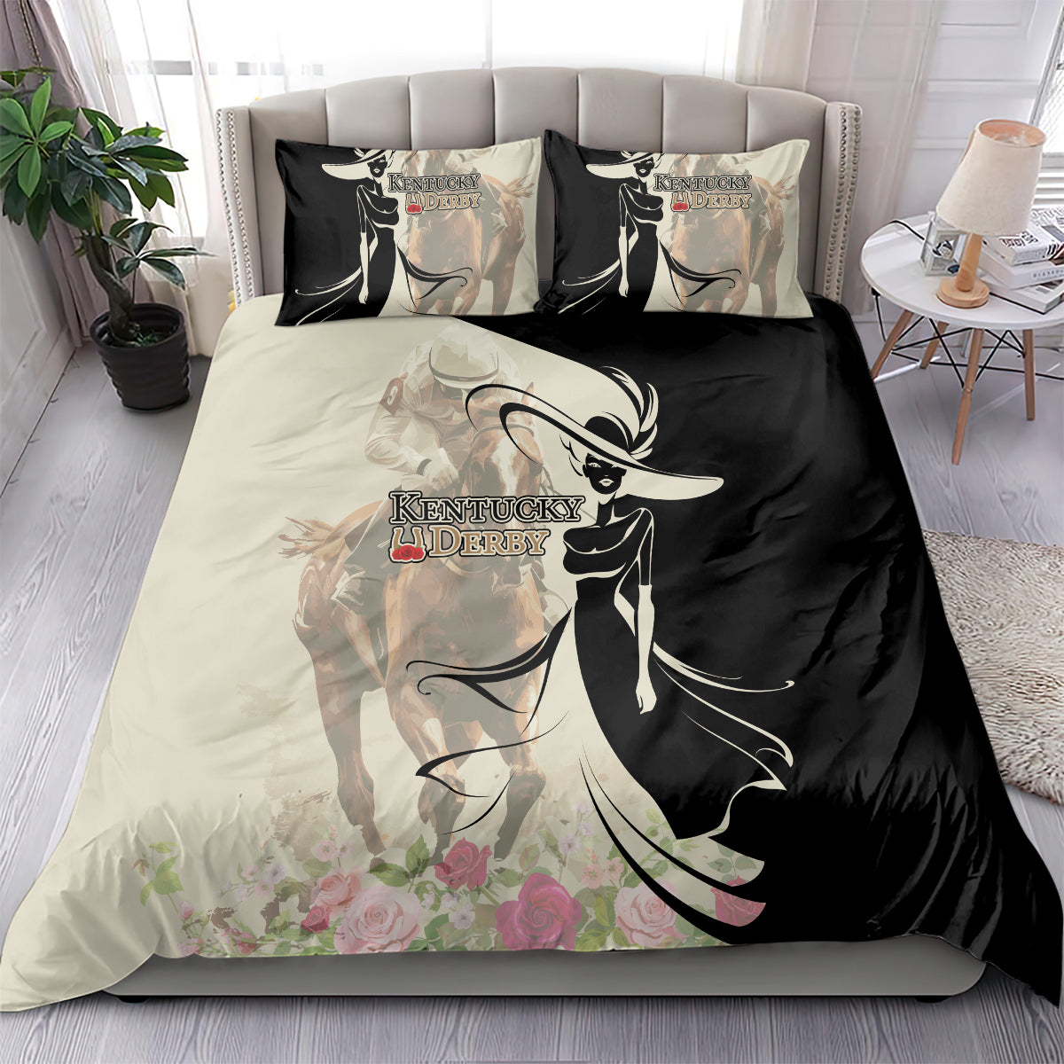 Kentucky Racing Horses Derby Hat Girl Bedding Set Beige Color - Wonder Print Shop