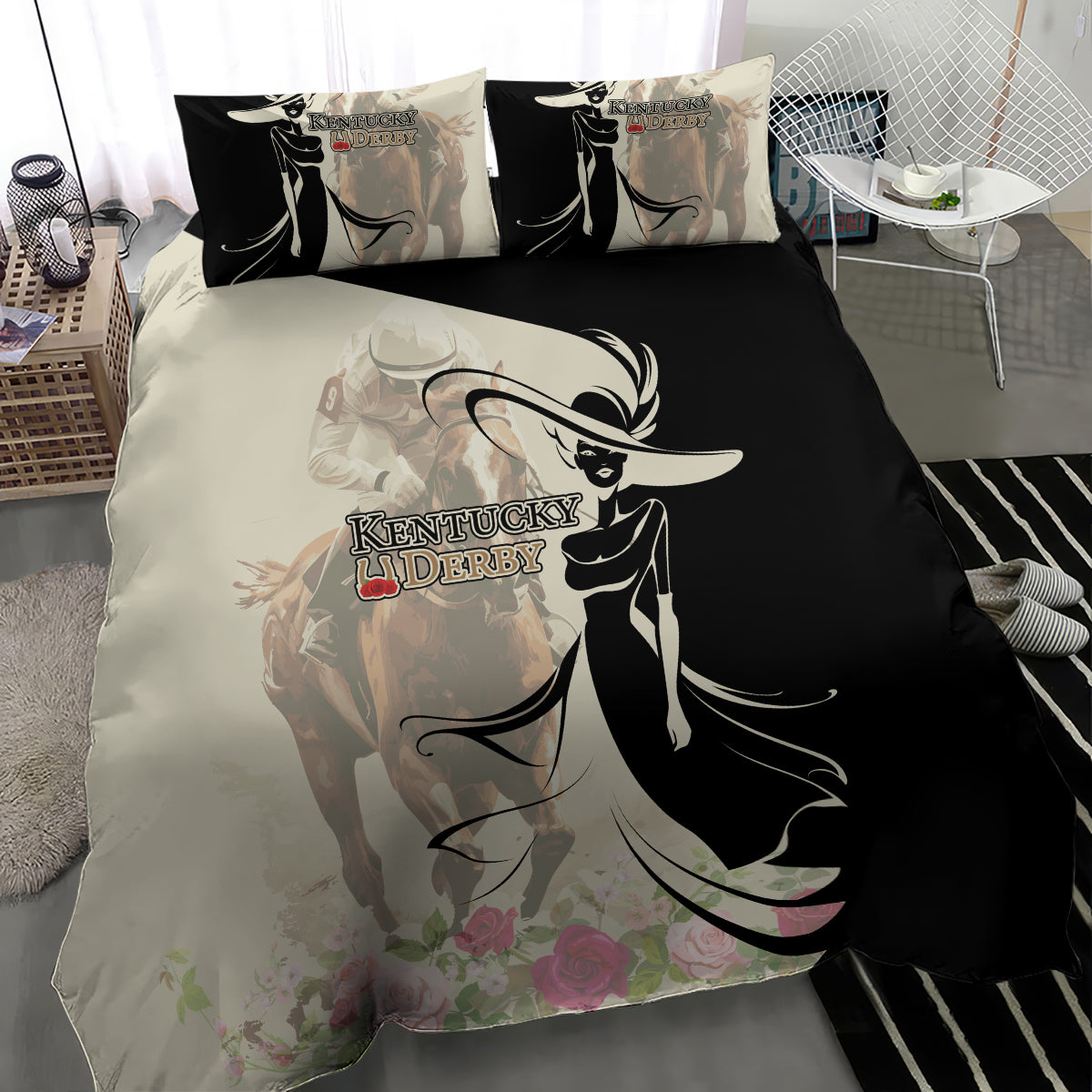 Kentucky Racing Horses Derby Hat Girl Bedding Set Beige Color - Wonder Print Shop