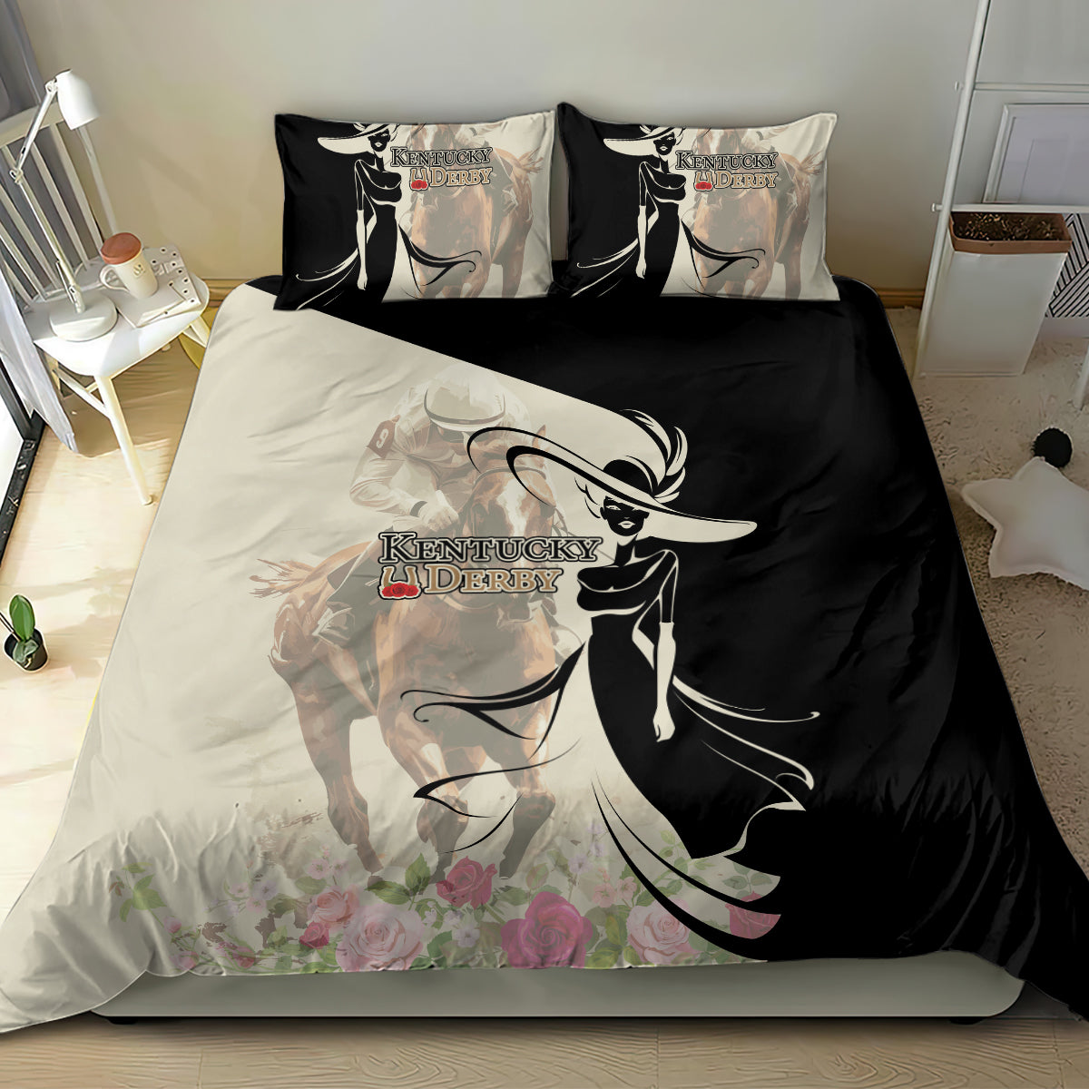 Kentucky Racing Horses Derby Hat Girl Bedding Set Beige Color - Wonder Print Shop