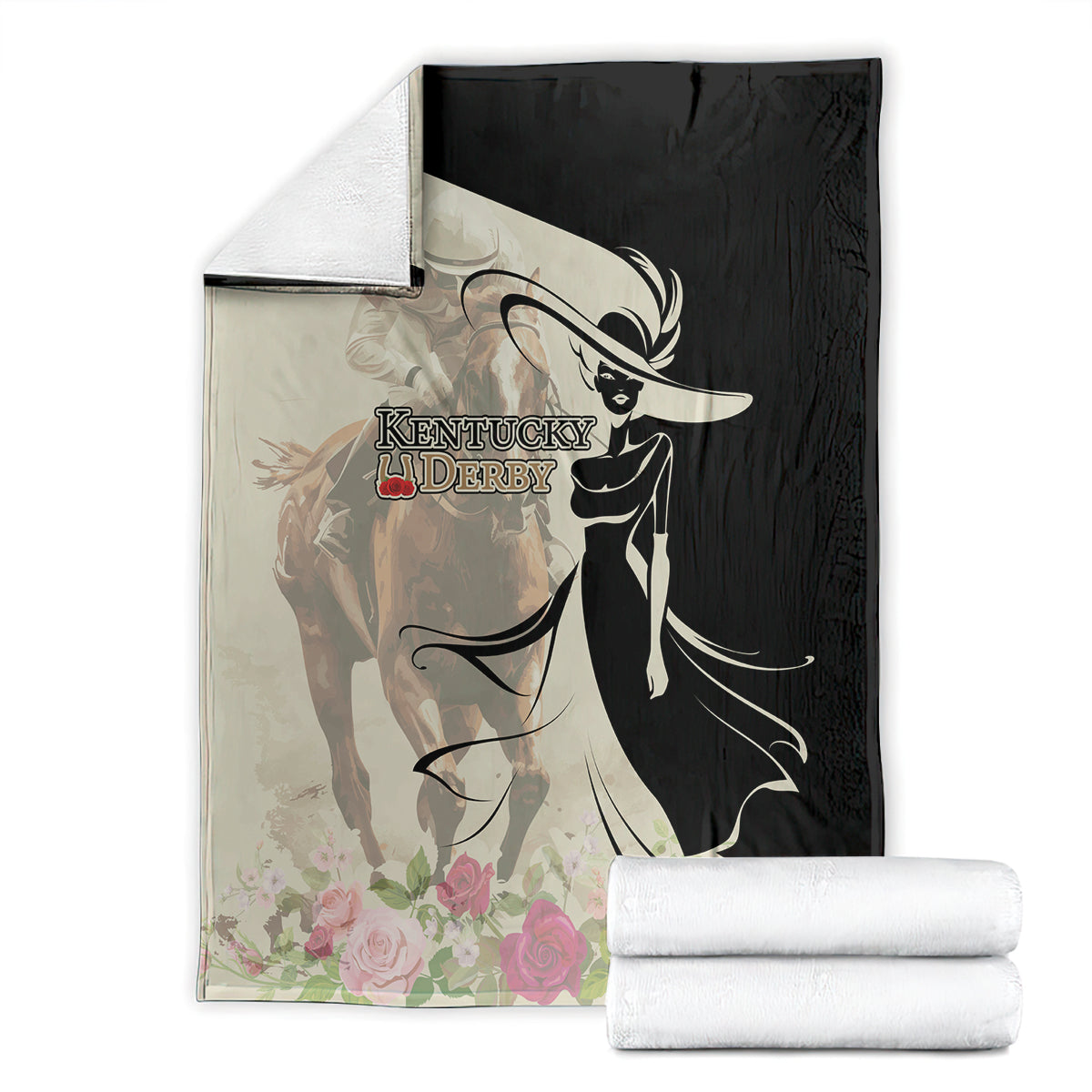 Kentucky Racing Horses Derby Hat Girl Blanket Beige Color