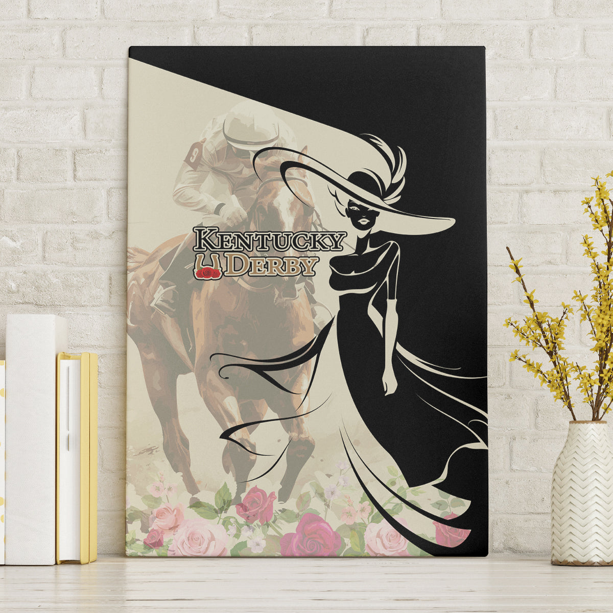 Kentucky Racing Horses Derby Hat Girl Canvas Wall Art Beige Color - Wonder Print Shop