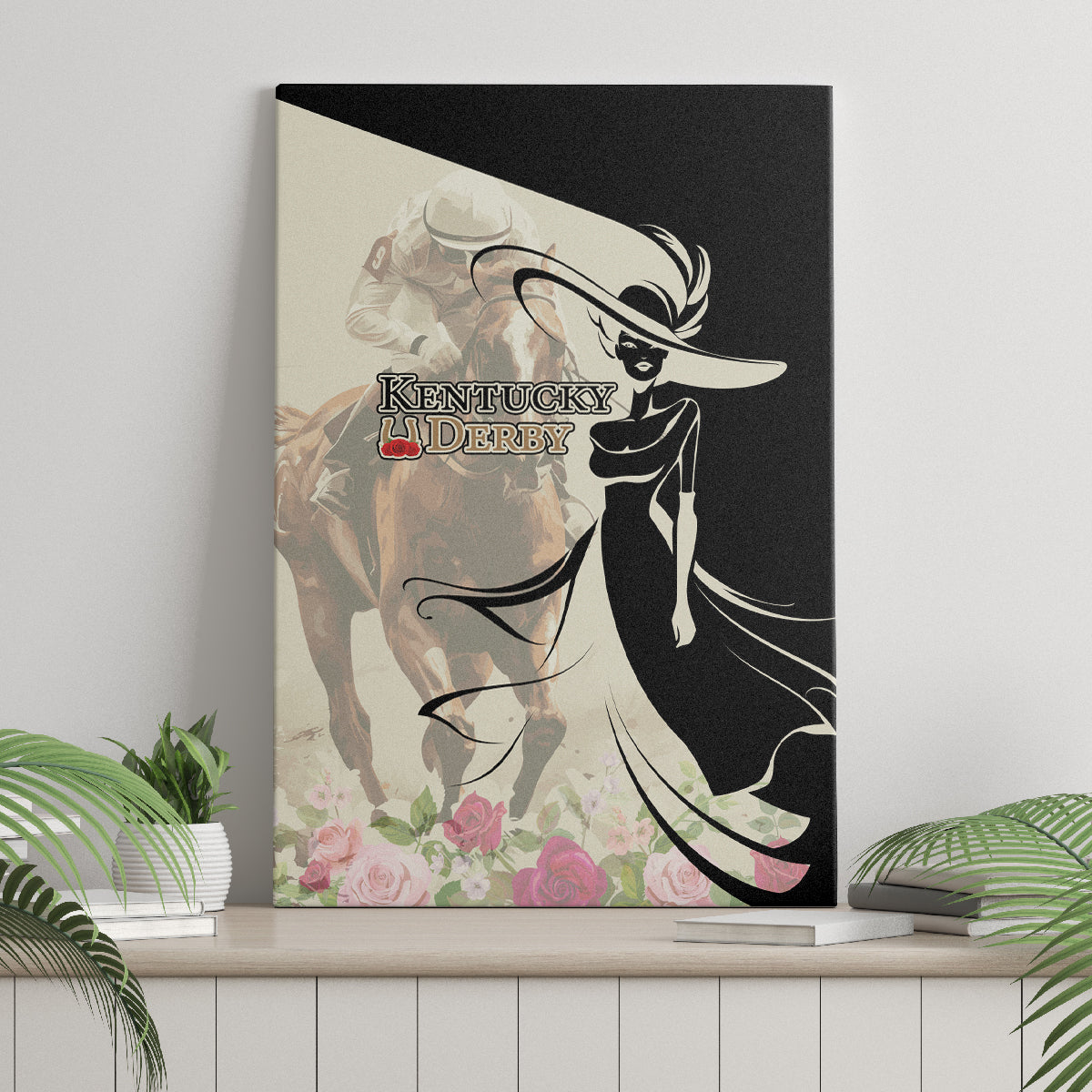 Kentucky Racing Horses Derby Hat Girl Canvas Wall Art Beige Color - Wonder Print Shop
