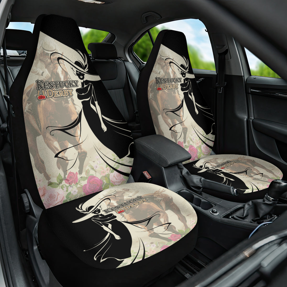 Kentucky Racing Horses Derby Hat Girl Car Seat Cover Beige Color - Wonder Print Shop