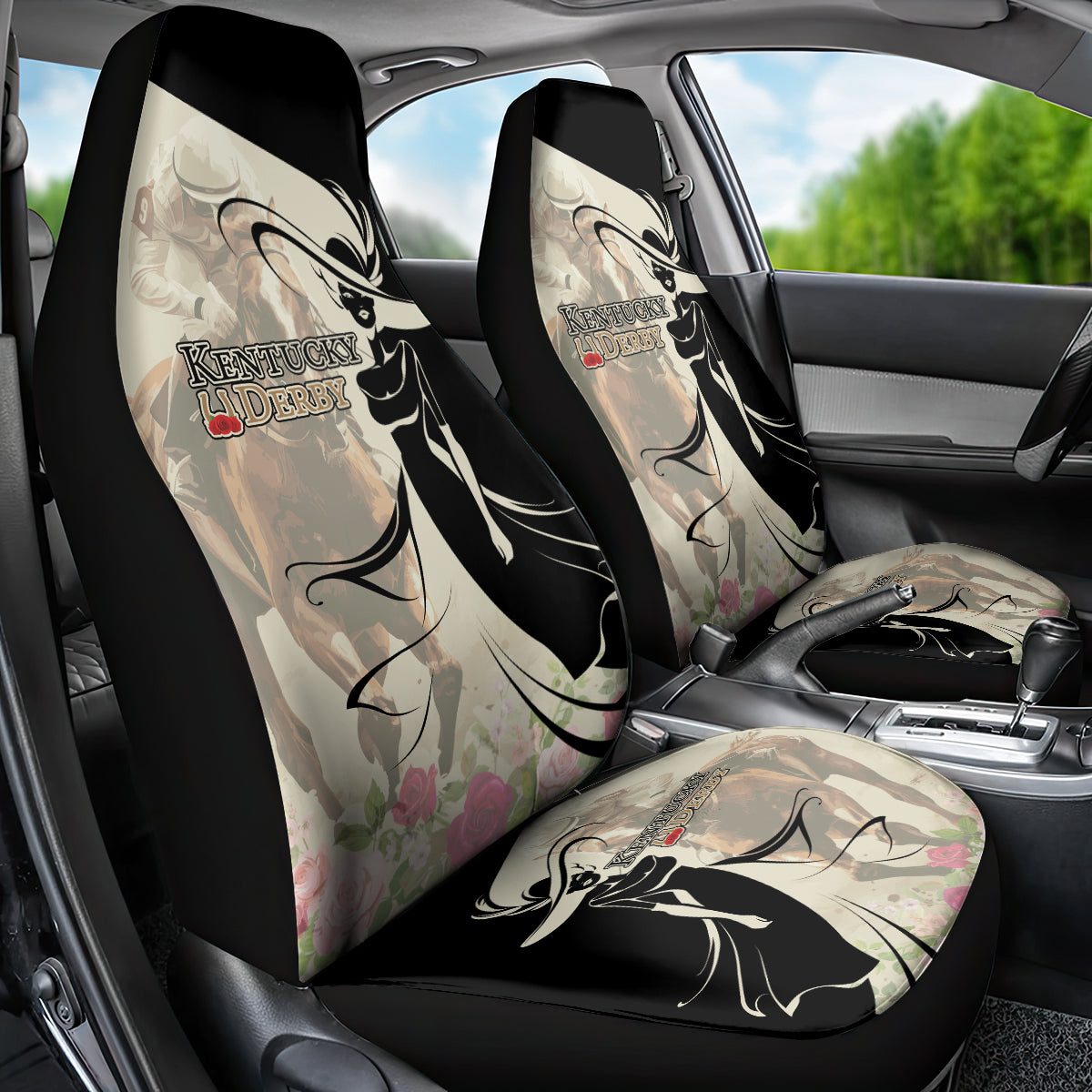 Kentucky Racing Horses Derby Hat Girl Car Seat Cover Beige Color - Wonder Print Shop