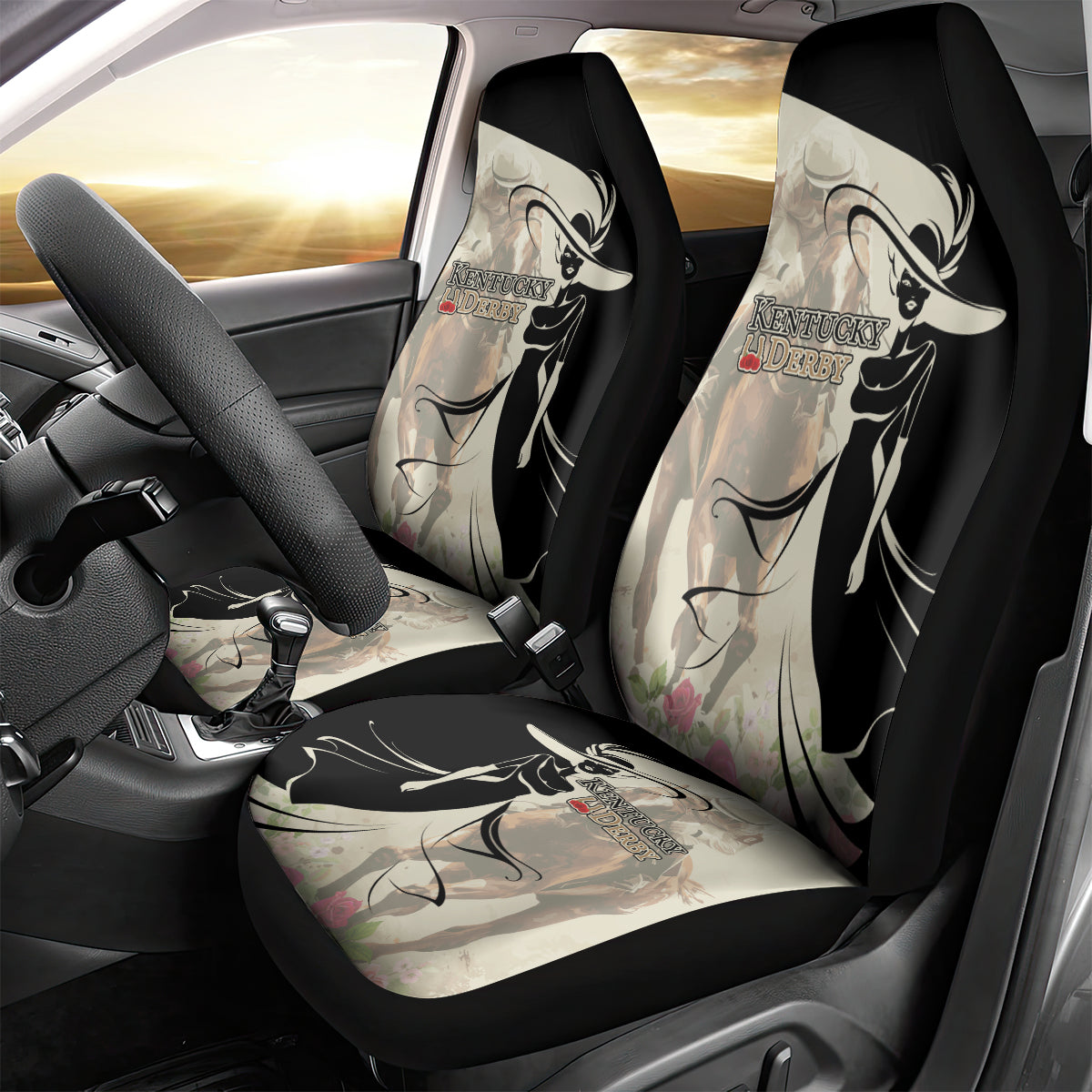 Kentucky Racing Horses Derby Hat Girl Car Seat Cover Beige Color - Wonder Print Shop