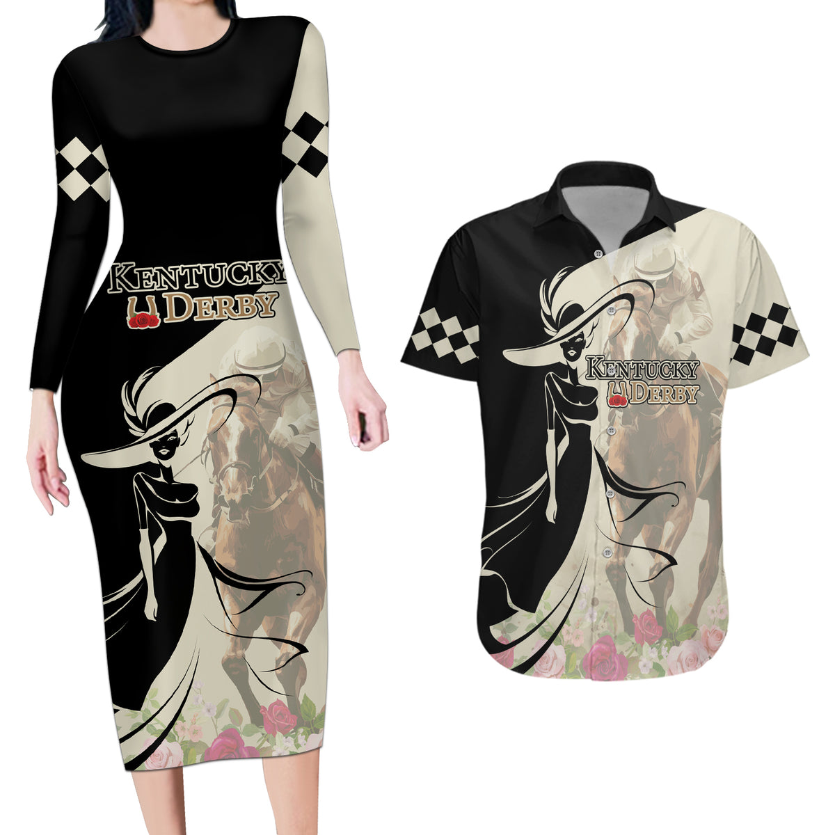 Kentucky Racing Horses Derby Hat Girl Couples Matching Long Sleeve Bodycon Dress and Hawaiian Shirt Beige Color - Wonder Print Shop