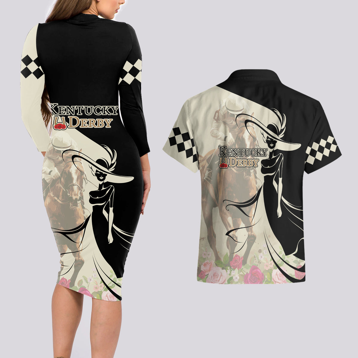 Kentucky Racing Horses Derby Hat Girl Couples Matching Long Sleeve Bodycon Dress and Hawaiian Shirt Beige Color - Wonder Print Shop