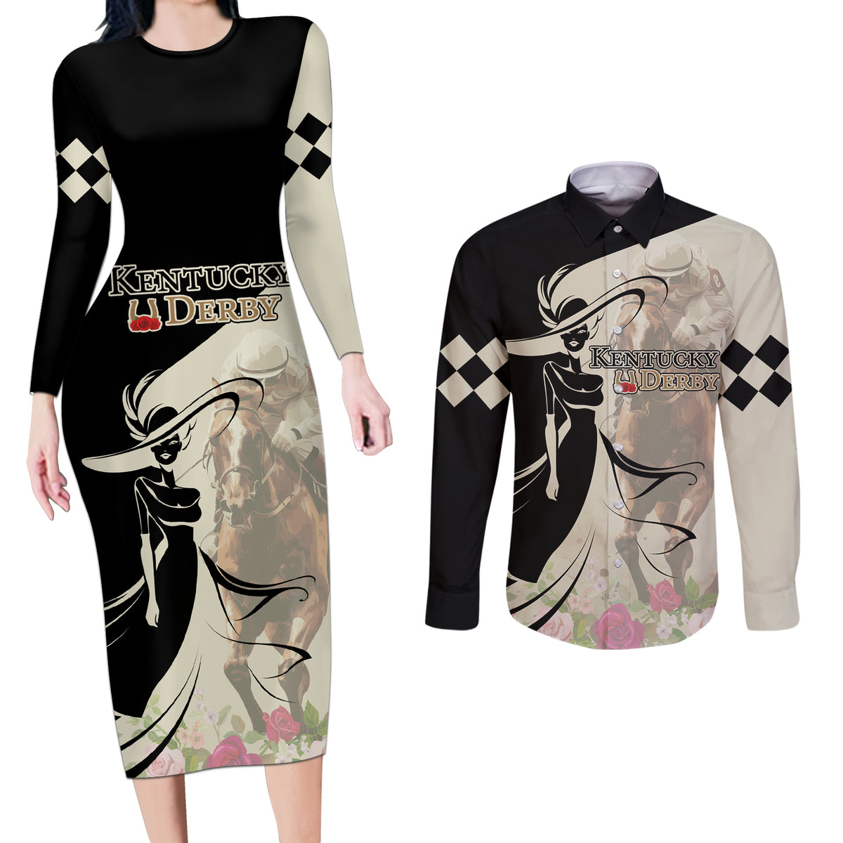 Kentucky Racing Horses Derby Hat Girl Couples Matching Long Sleeve Bodycon Dress and Long Sleeve Button Shirt Beige Color - Wonder Print Shop