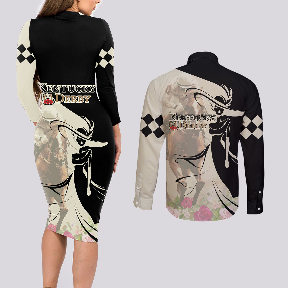 Kentucky Racing Horses Derby Hat Girl Couples Matching Long Sleeve Bodycon Dress and Long Sleeve Button Shirt Beige Color - Wonder Print Shop