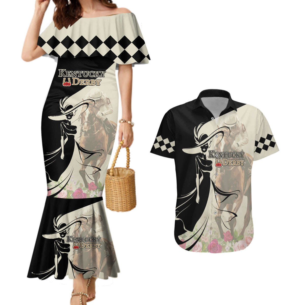 Kentucky Racing Horses Derby Hat Girl Couples Matching Mermaid Dress and Hawaiian Shirt Beige Color - Wonder Print Shop