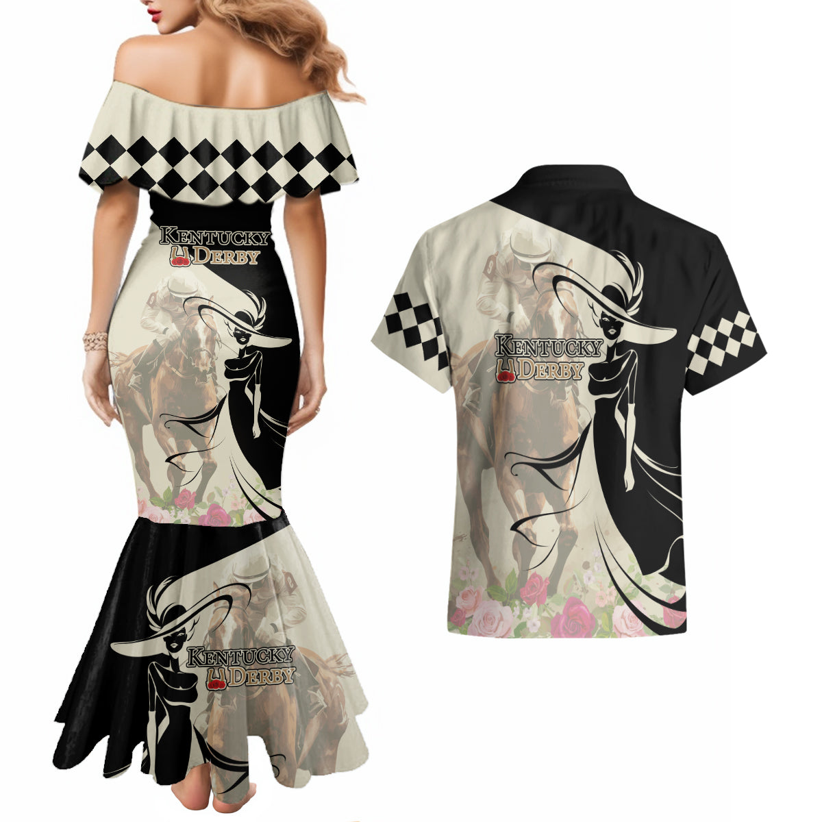 Kentucky Racing Horses Derby Hat Girl Couples Matching Mermaid Dress and Hawaiian Shirt Beige Color - Wonder Print Shop