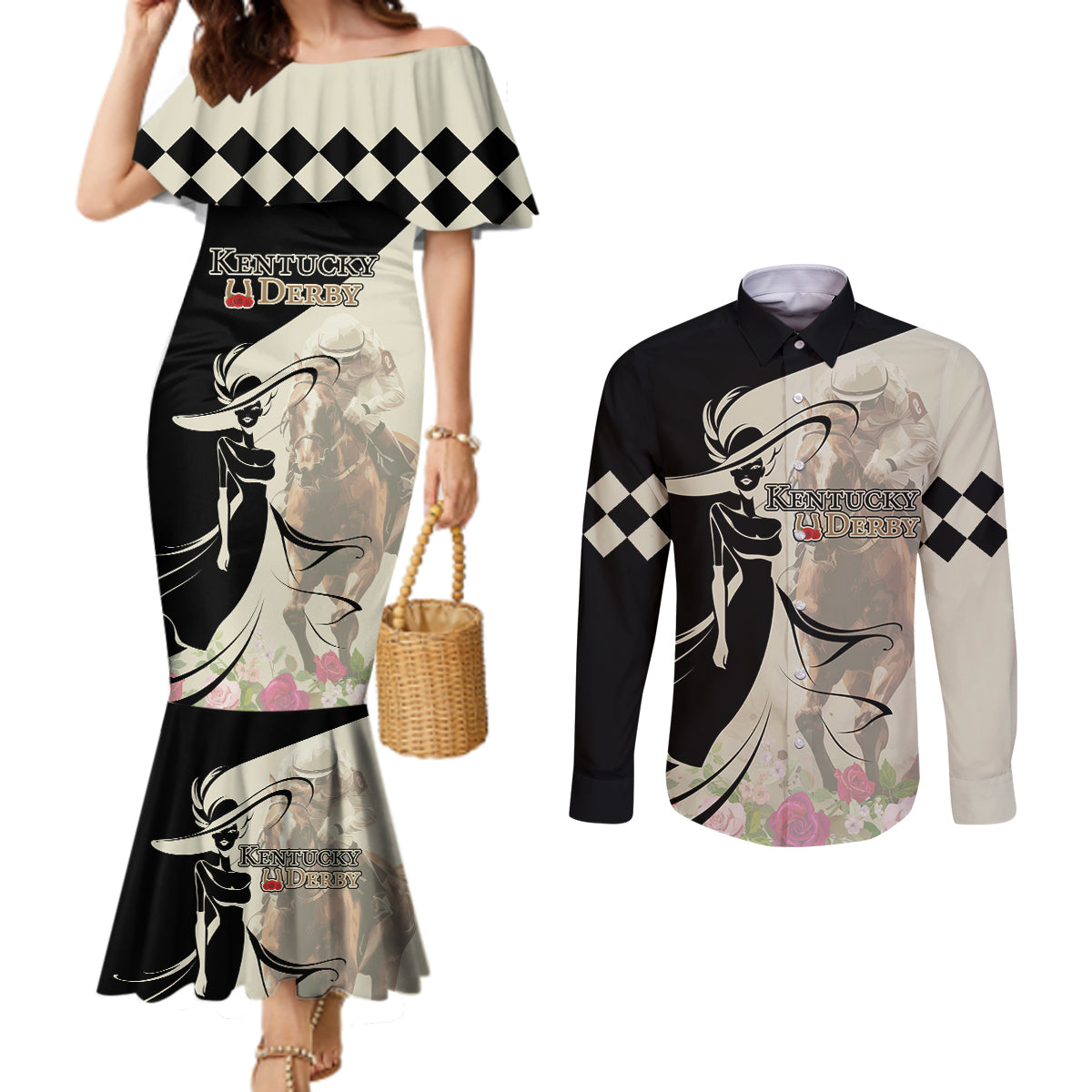 Kentucky Racing Horses Derby Hat Girl Couples Matching Mermaid Dress and Long Sleeve Button Shirt Beige Color
