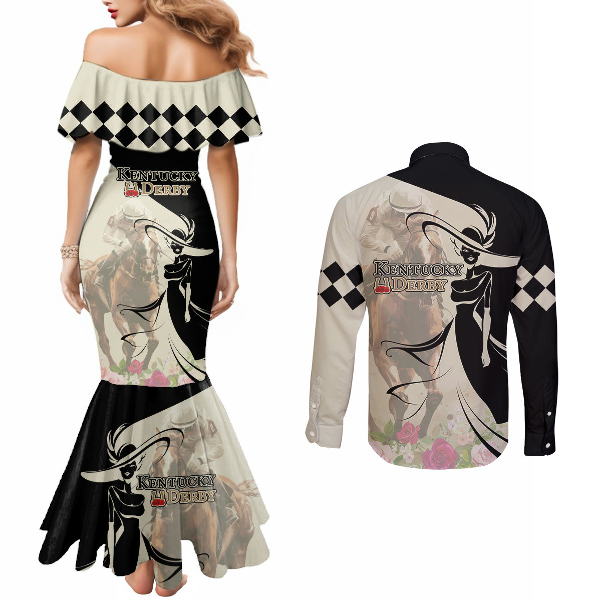 Kentucky Racing Horses Derby Hat Girl Couples Matching Mermaid Dress and Long Sleeve Button Shirt Beige Color