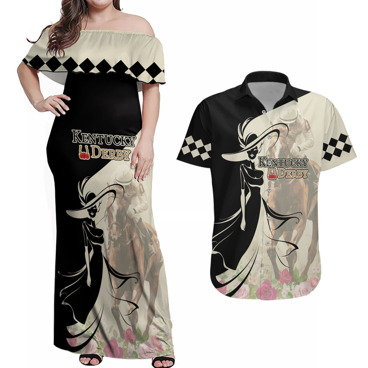 Kentucky Racing Horses Derby Hat Girl Couples Matching Off Shoulder Maxi Dress and Hawaiian Shirt Beige Color - Wonder Print Shop