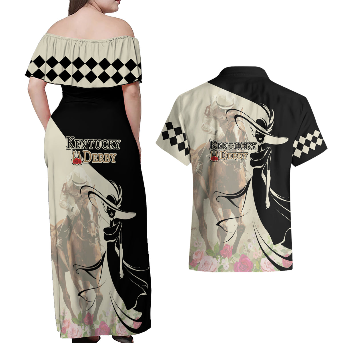 Kentucky Racing Horses Derby Hat Girl Couples Matching Off Shoulder Maxi Dress and Hawaiian Shirt Beige Color - Wonder Print Shop
