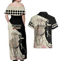 Kentucky Racing Horses Derby Hat Girl Couples Matching Off Shoulder Maxi Dress and Hawaiian Shirt Beige Color - Wonder Print Shop