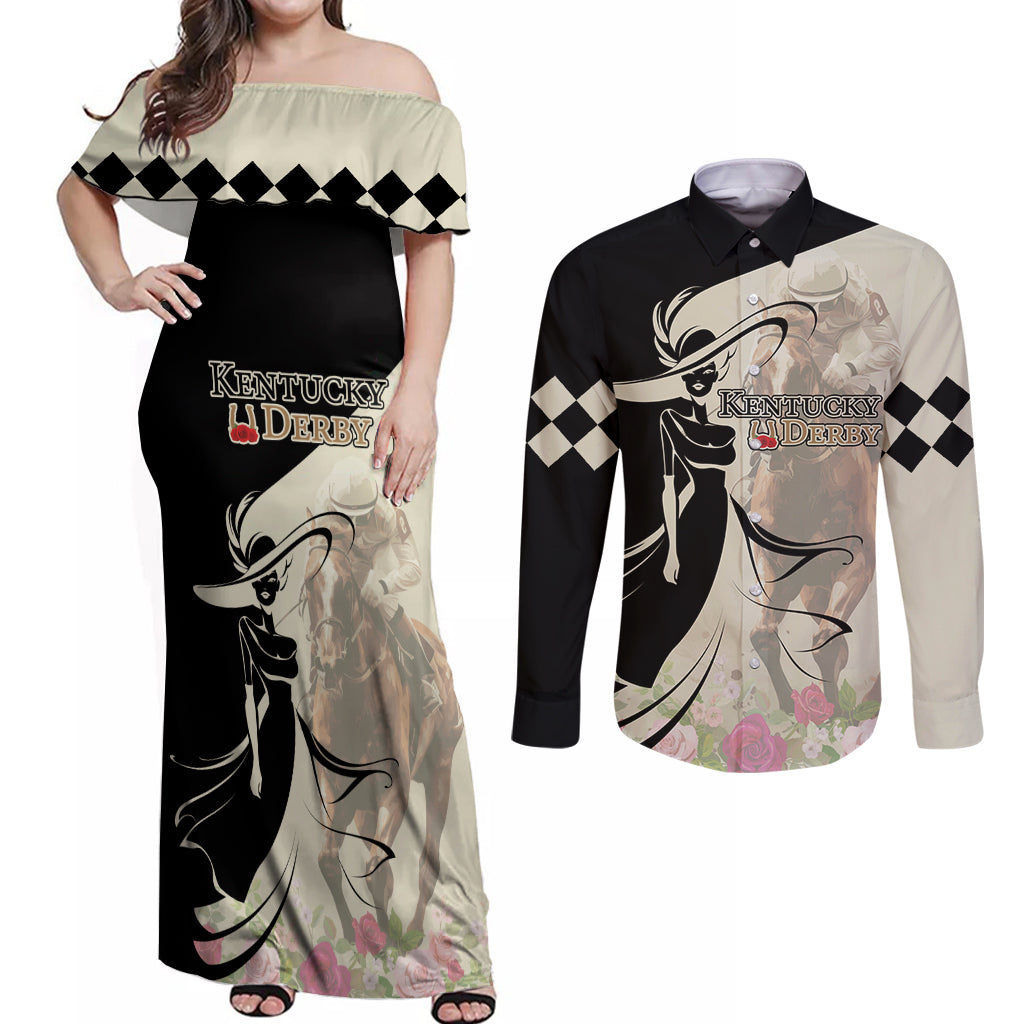Kentucky Racing Horses Derby Hat Girl Couples Matching Off Shoulder Maxi Dress and Long Sleeve Button Shirt Beige Color - Wonder Print Shop