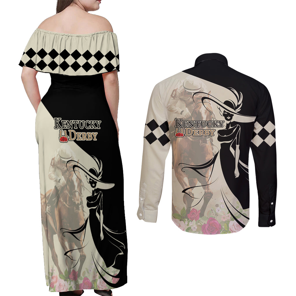 Kentucky Racing Horses Derby Hat Girl Couples Matching Off Shoulder Maxi Dress and Long Sleeve Button Shirt Beige Color - Wonder Print Shop