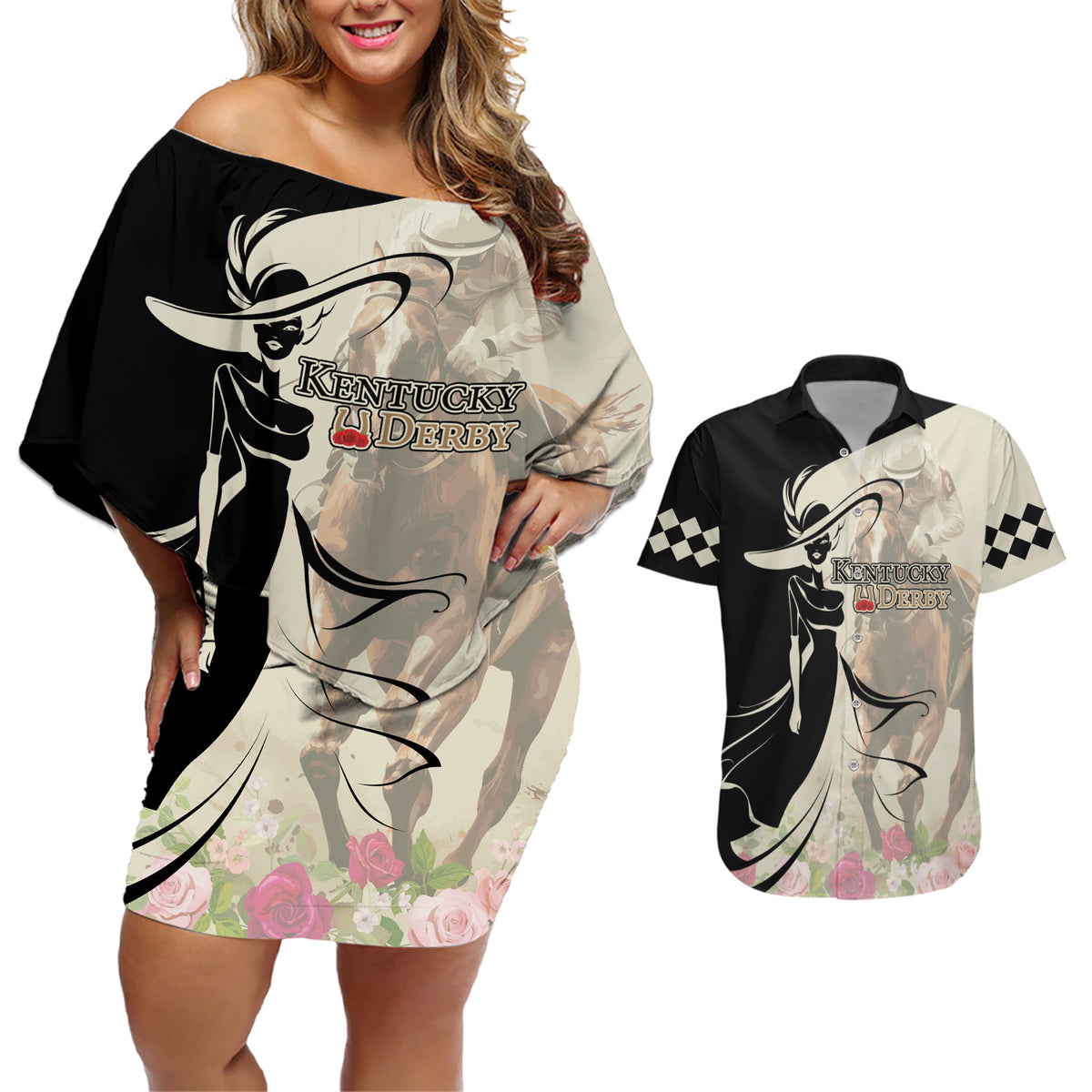 Kentucky Racing Horses Derby Hat Girl Couples Matching Off Shoulder Short Dress and Hawaiian Shirt Beige Color - Wonder Print Shop