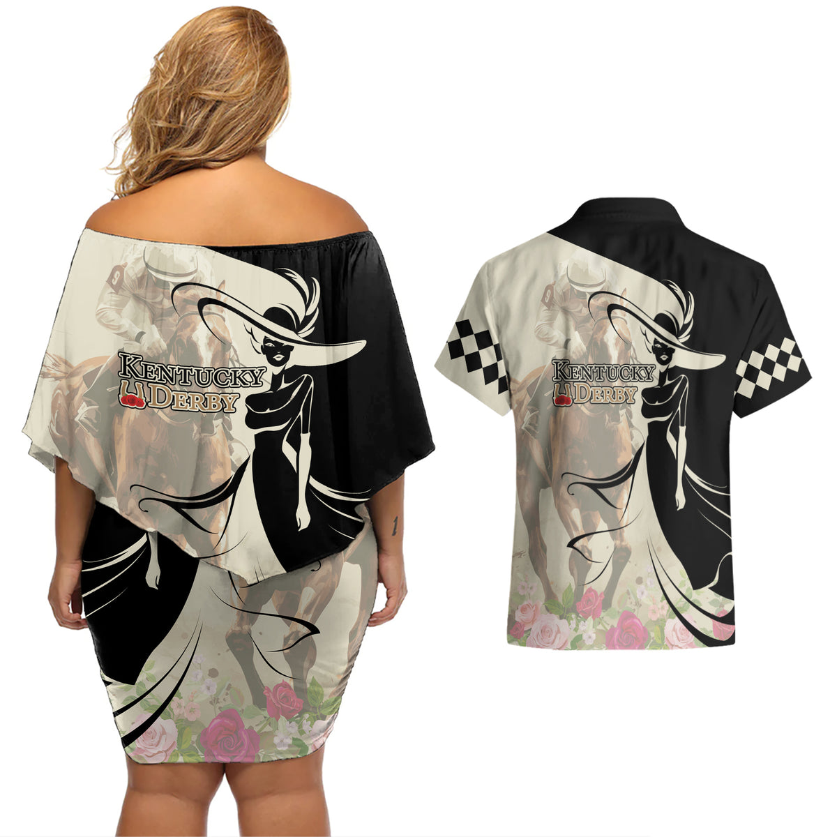 Kentucky Racing Horses Derby Hat Girl Couples Matching Off Shoulder Short Dress and Hawaiian Shirt Beige Color - Wonder Print Shop