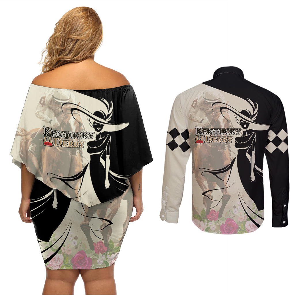 Kentucky Racing Horses Derby Hat Girl Couples Matching Off Shoulder Short Dress and Long Sleeve Button Shirt Beige Color - Wonder Print Shop