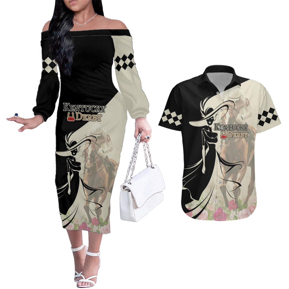 Kentucky Racing Horses Derby Hat Girl Couples Matching Off The Shoulder Long Sleeve Dress and Hawaiian Shirt Beige Color - Wonder Print Shop